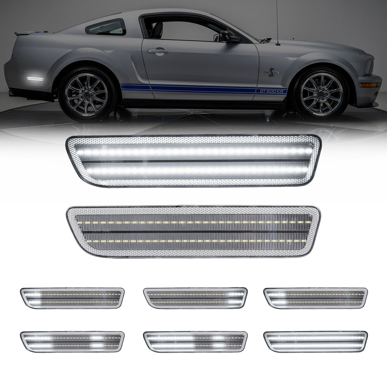 2005-2009 Ford Mustang Clear Lens White Dynamic Animation LED Side Markers