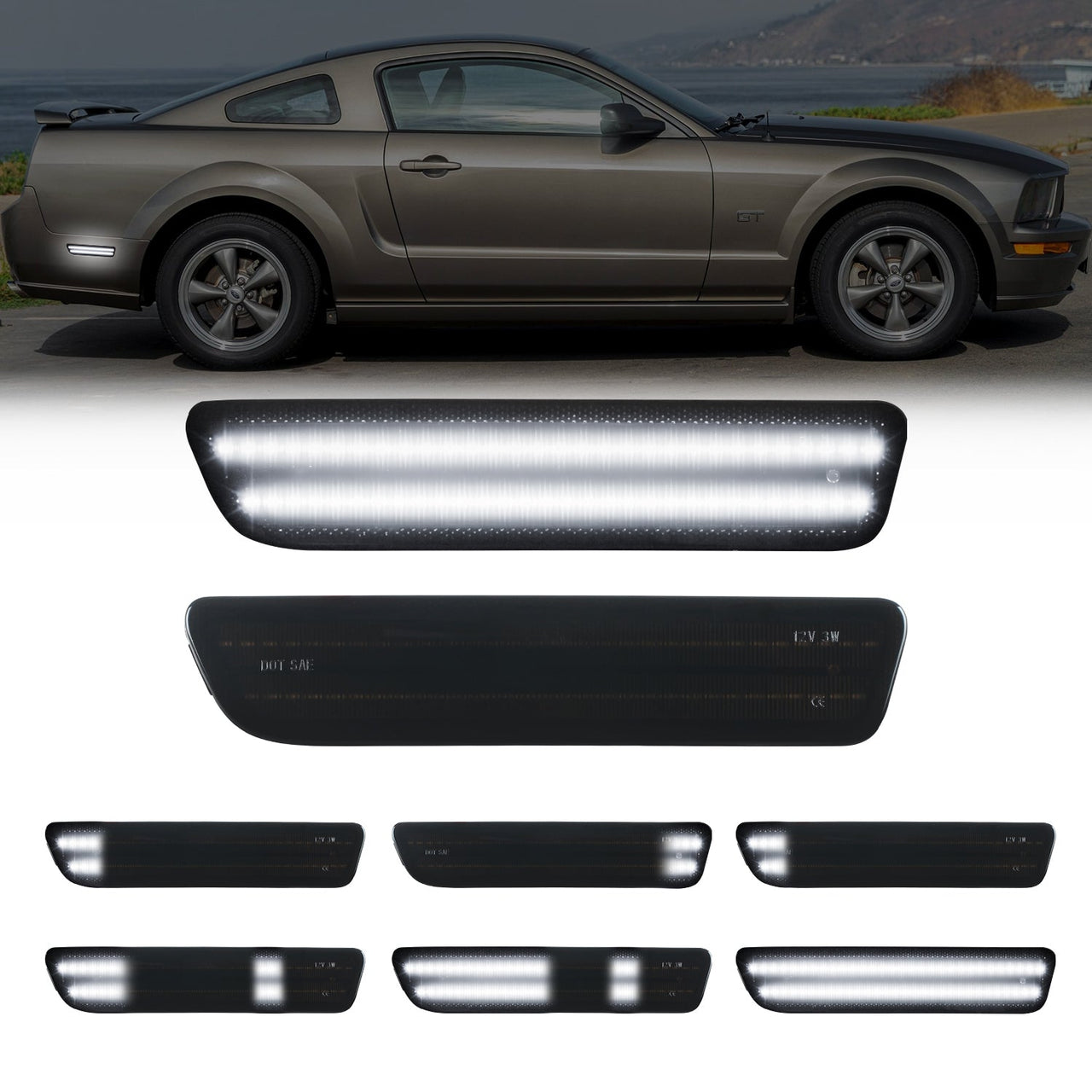 2005-2009 Ford Mustang Smoke Lens White Dynamic Animation LED Side Markers